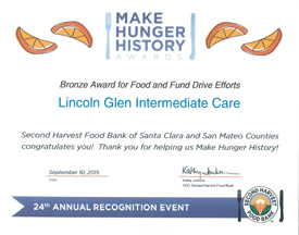 Second Harvest Food Bank of Santa Clara and San Mateo Counties honors Lincoln Glen Food Drive Results